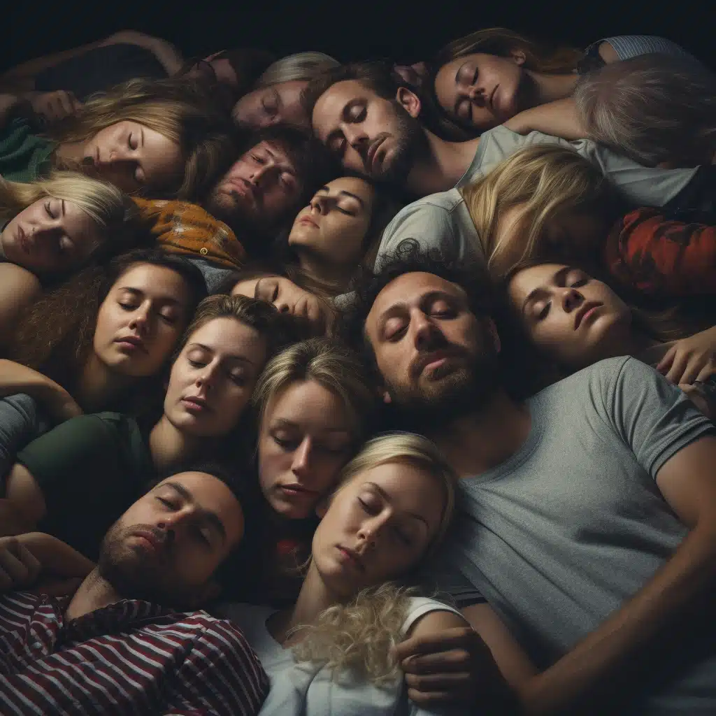 paisible et chaleureuse de plusieurs couples endormis ensemble dans un lit spacieux, reflétant l'intimité et la complicité après une soirée mémorable. Les visages détendus des partenaires expriment la sérénité, tandis que la lumière tamisée crée une atmosphère douce et apaisante
