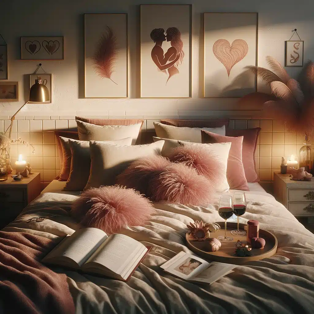 Un intérieur de chambre romantique et chaleureux éclairé par des lumières douces avec un lit confortable garni de coussins duveteux roses, une table de chevet avec une lampe allumée, et un plateau avec du vin et des gourmandises posé sur le lit.