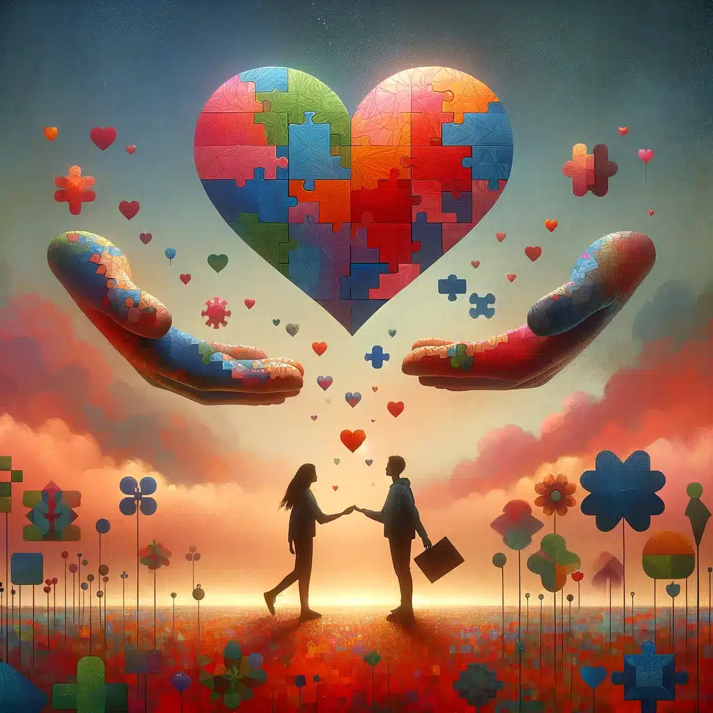 ne image conceptuelle représentant la redéfinition de la fidélité dans les relations modernes, illustrant l'idée que la fidélité est un puzzle complexe de confiance, de communication, et d'amour partagé.