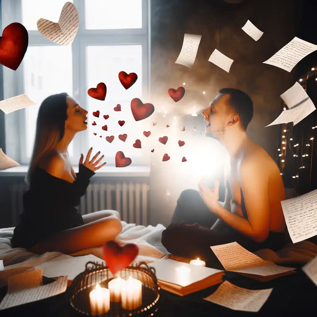 Dans le creuset de l'intimité, un couple se redécouvre à travers le prisme de leurs désirs partagés, entouré de notes d'amour et de mélodies du cœur. Une bougie allumée symbolise la lumière de leur compréhension mutuelle, illuminant un chemin vers une connexion plus profonde.