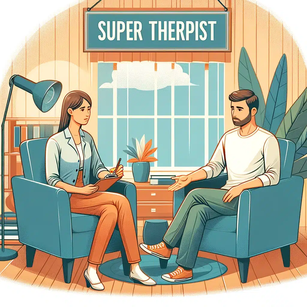 image représentant une séance de thérapie productive entre un client et une super thérapeute, illustrant un environnement chaleureux et de confiance.