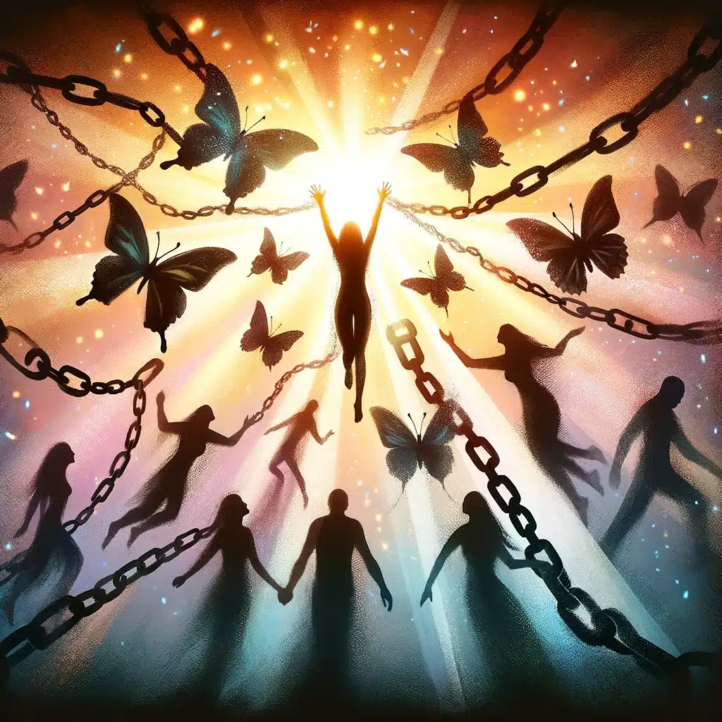 une image symbolisant la guérison et la réappropriation après un traumatisme sexuel, représentant des éléments tels que des silhouettes se libérant de chaînes ou d'ombres, des papillons symbolisant la transformation et la liberté, le tout baigné dans une lumière douce qui guide vers la guérison. Cette illustration évoque un sentiment d'espoir, de force et de renouveau dans un environnement sécurisant et bienveillant.