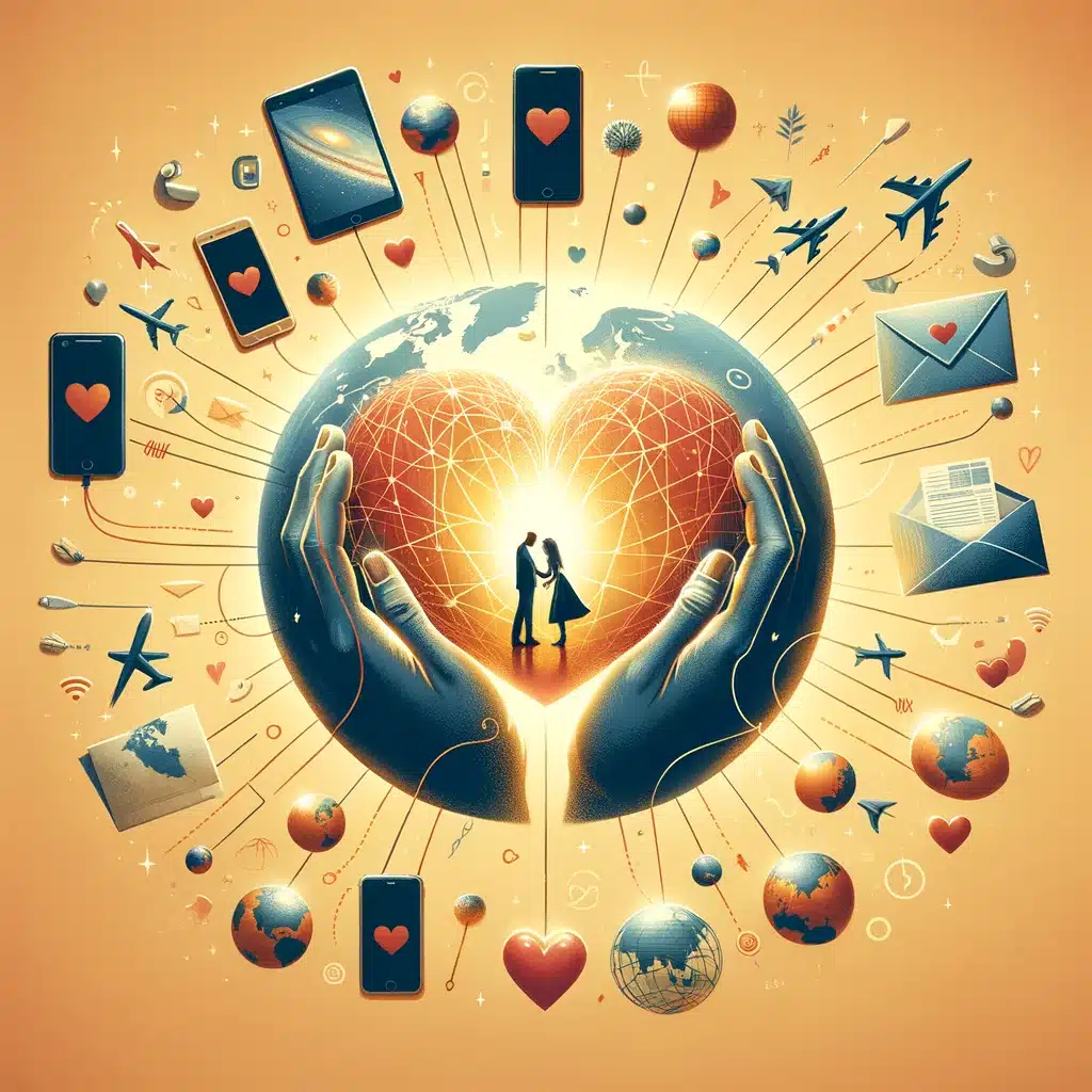 le thème de la séparation et de la connexion à travers des symboles comme un globe terrestre, des cœurs, des smartphones, et des avions en papier