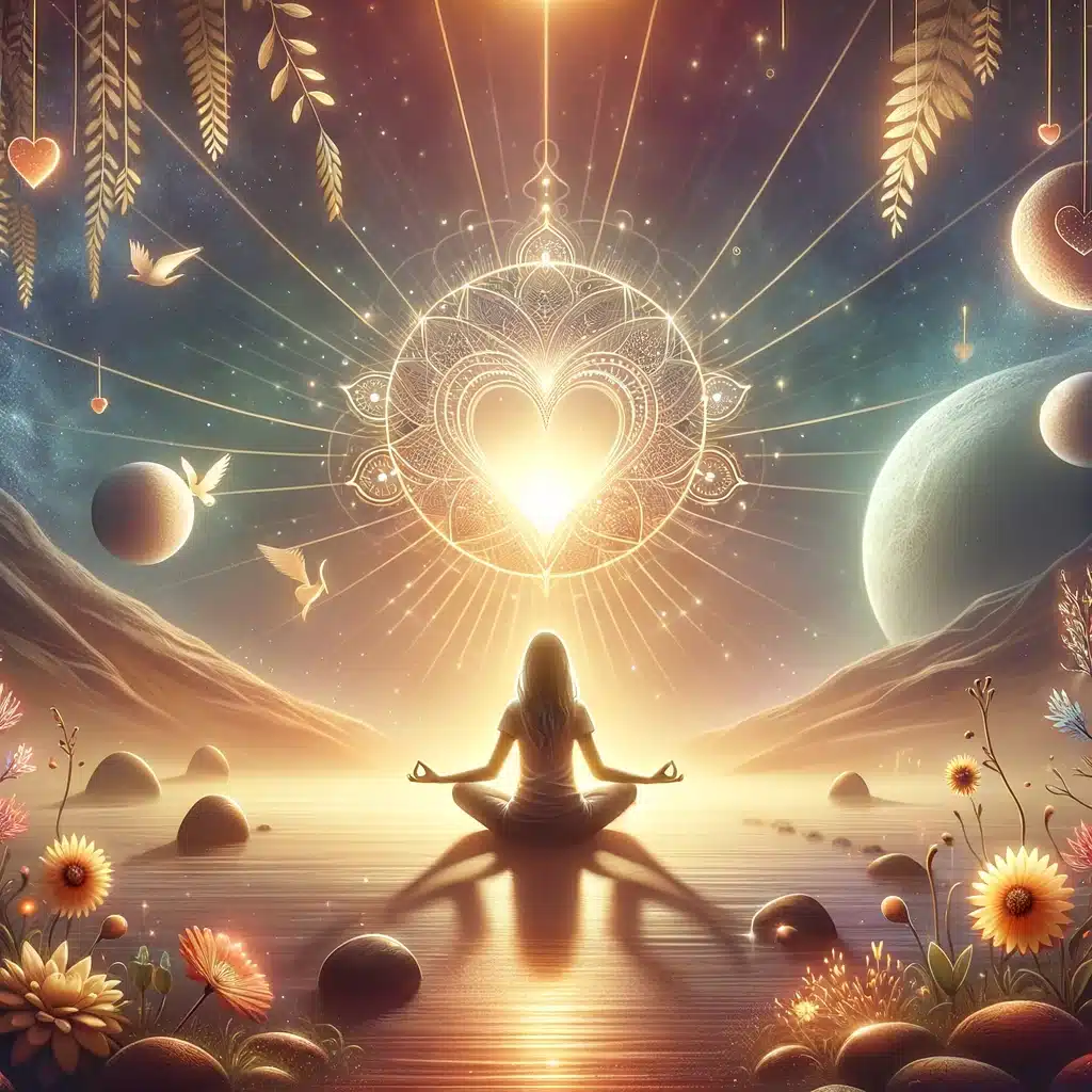 DALL·E 2024-03-27 19.58.51 - Créez une image qui représente la méditation de l'amour-propre avec une personne en position de méditation, entourée de lumière douce et de symboles