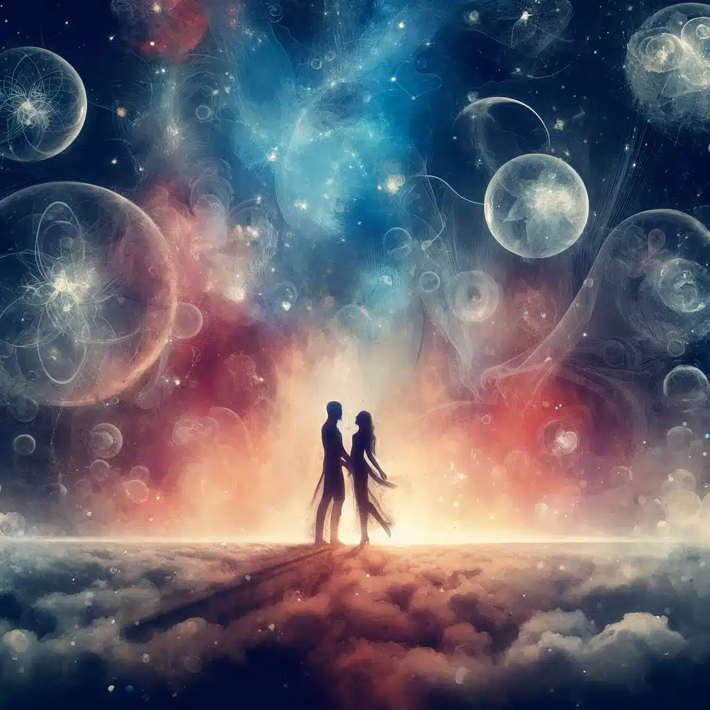 une image qui capture la complexité et la beauté des fantasmes dans les relations amoureuses, avec un paysage onirique où des silhouettes de couple se détachent sur un fond de ciel étoilé.