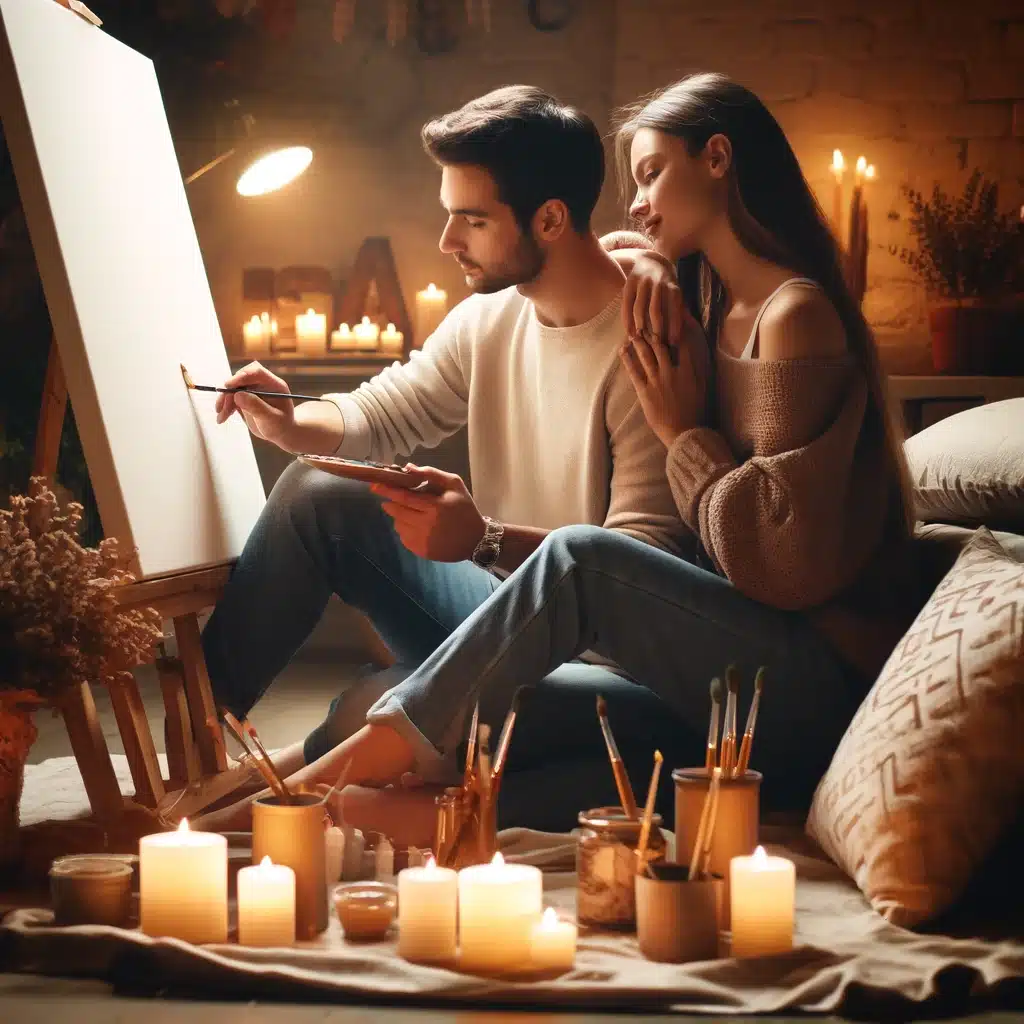représentant un couple engagé dans une activité créative à la maison. Ils sont assis côte à côte, peignant ensemble sur une grande toile, dans un environnement intime et chaleureux. Cette scène illustre bien la connexion et la créativité partagée au sein du couple