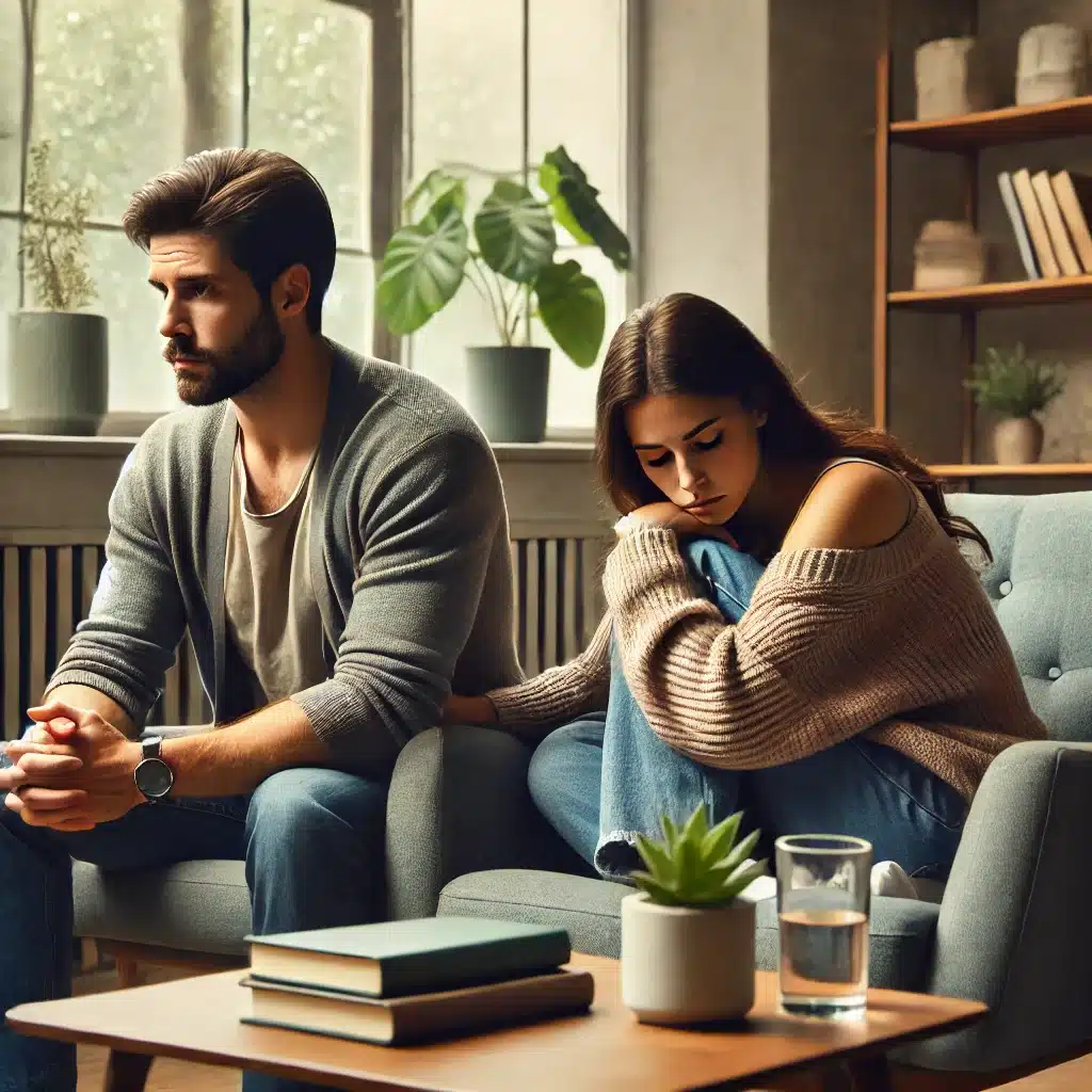 Cette image émouvante montre un couple en session de thérapie, illustrant leur recherche commune de soutien face à des difficultés émotionnelles. L'environnement, caractérisé par une lumière douce et des couleurs apaisantes, souligne un espace sécurisé propice à la guérison et au soutien émotionnel, crucial pour les couples en crise.